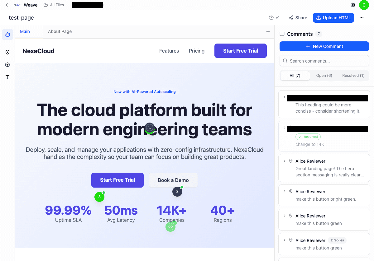 Visual commenting on rendered HTML in Kevra